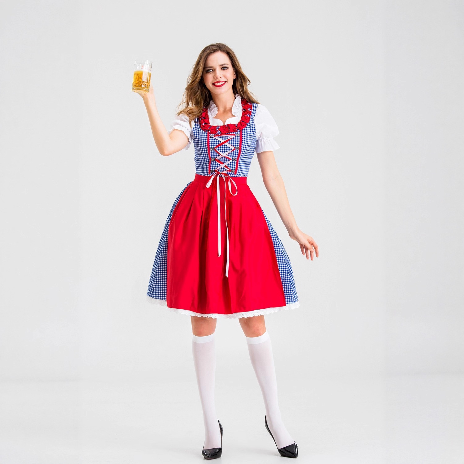 Beer & Wine Downtown - Gaun Dirndl Wanita Jerman Motif Kotak-kotak